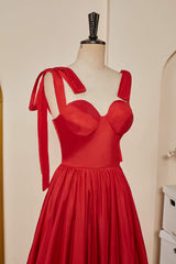 Red Bow Tie Straps A-line Satin Long Prom Dresses