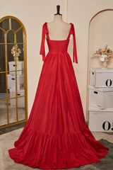 Red Bow Tie Straps A-line Satin Long Prom Dresses