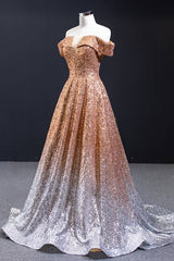 Off the Shoulder Gold and Silver Ombre Sequins Formal Dresses