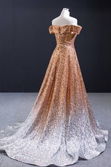 Off the Shoulder Gold and Silver Ombre Sequins Formal Dresses