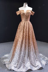 Off the Shoulder Gold and Silver Ombre Sequins Formal Dresses