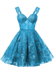 Teens Sparkly Tulle Turquoise Homecoming Dresses Spaghetti Straps Short Cocktail Party Prom Dresses