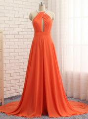 A-Line Orange Chiffon Halter Cut Out Backless Prom Dresses