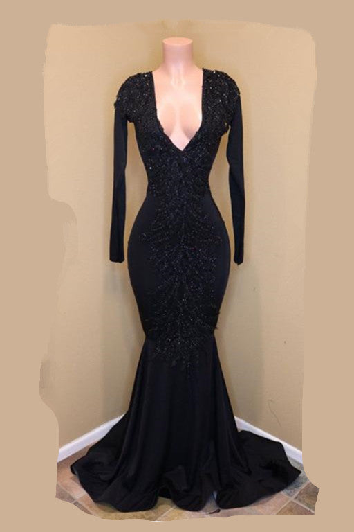 Elegant V-Neck Long Sleevess Appliques Sequins Mermaid Zipper Prom Dresses