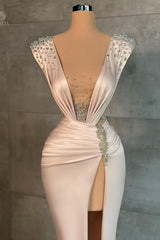 Fashion Long V-neck Split Front Mermaid Evening Prom Dresses With Rhinestones