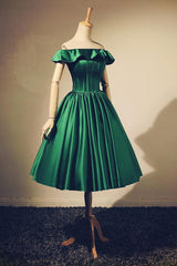 Lovely Green Satin Off Shoulder Knee Length Homecoming Dresses, Short Prom Dresses