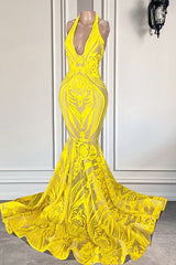 Mermaid Halter Floor-length Sleeveless Open Back Appliques Lace Prom Dress