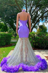 Mermaid High Neck Floor-length Sleeveless Open Back Appliques Lace Beaded Prom Dress With Feather