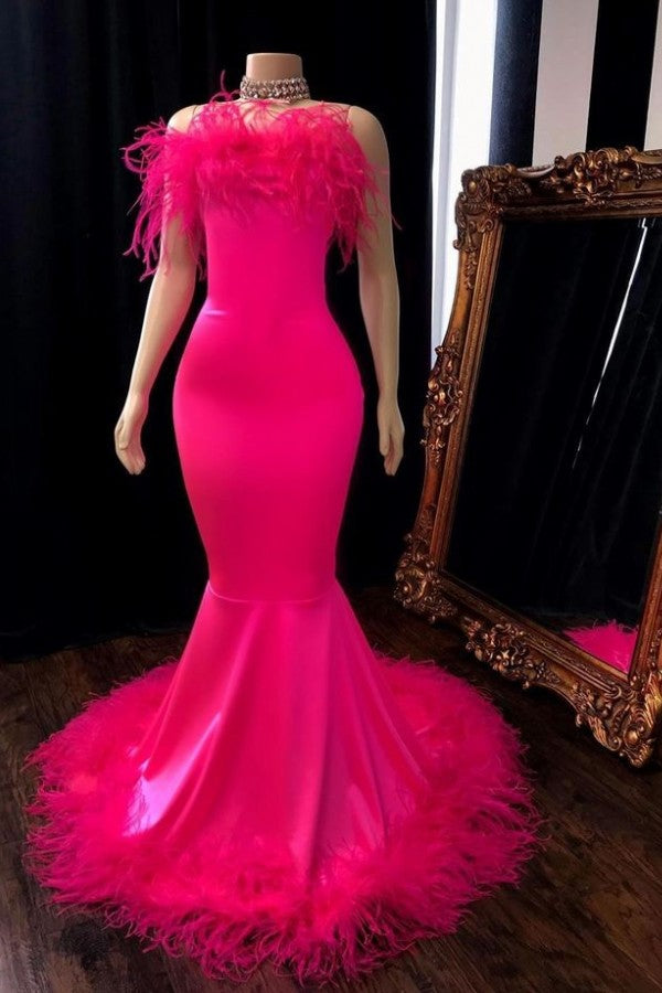 Popular Feather Sleeveless Long Mermaid Evening Dresses