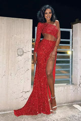 Sheath One Shoulder Red Sequins Long Prom Dress with Silt