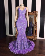 Spaghetti V-neck Sequins Floor Length Fur Train Mermaid Prom Dresses