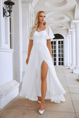 White Prom Dresses Boat Neck Chiffon Bell Sleeves A Line Slit Sequin Floor Length Fromal Bridesmaid Dresses