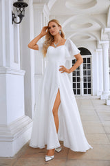 White Prom Dresses Boat Neck Chiffon Bell Sleeves A Line Slit Sequin Floor Length Fromal Bridesmaid Dresses