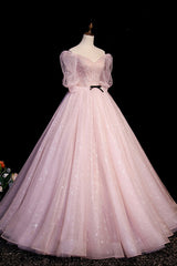 Pink V-Neck Tulle Long Prom Dress, A-Line Short Sleeves Evening Dress