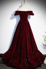 Burgundy Velvet Long Prom Dresses, Off the Shoulder Formal Evening Dresses