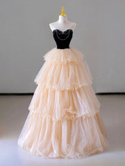 Champagne Strapless Tulle Long Prom Dress, Beautiful Formal Evening Dress