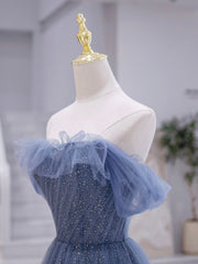 Blue Strapless Tulle Long Prom Dress, Blue A-Line Evening Dress