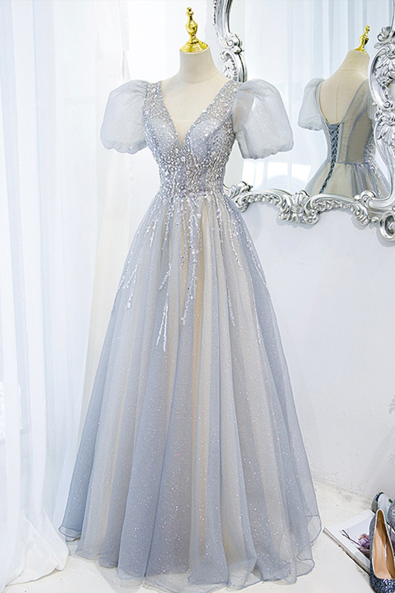 Gray Tulle Beading Long Prom Dresses, A-Line Short Sleeve Formal Evening Dresses