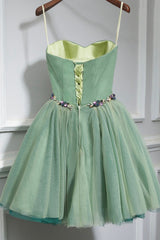 Green Strapless Tulle Short Prom Dress, A-Line Evening Party Dress