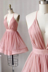 Cute V-Neck Tulle Short Prom Dresses, A-Line Mini Party Dresses