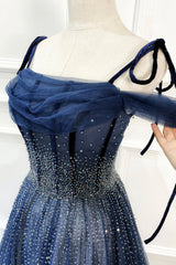 Blue Long Tulle Beaded Prom Dress, Blue Evening Party Dress