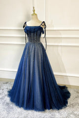 Blue Long Tulle Beaded Prom Dress, Blue Evening Party Dress