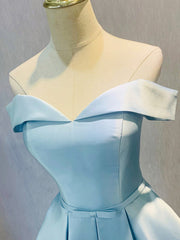 Simple Short Light Blue Satin Party Dress, Blue A-Line Off the Shoulder Evening Dress