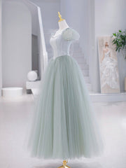 Green Tulle Floor Length Prom Dress, Green Short Sleeve Evening Party Dress