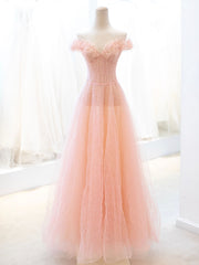 Pink Tulle Sequins Long Prom Dress, A-Line Lovely Evening Party Dress