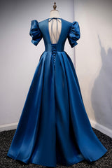 Blue V-Neck Satin Long Prom Dresses, A-Line Blue Evening Dresses