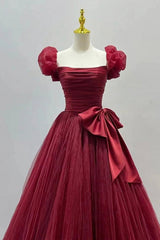 Burgundy Tulle Short Sleeve A-Line Formal Dresses, Burgundy Evening Dresses