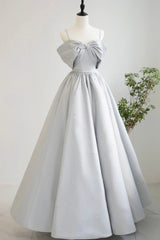 Gray Satin Long A-Line Prom Dress, Off the Shoulder Evening Dress with Pearls