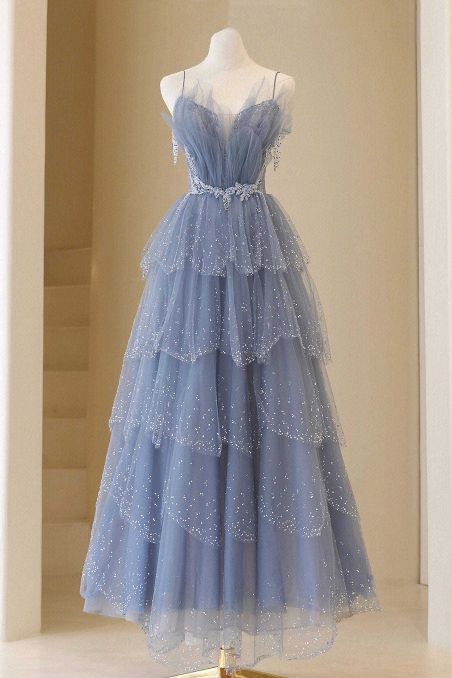 Blue Tulle Layers Straps Beaded Long Prom Dress, Blue A-Line Evening Dress