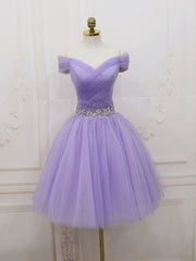 Purple Off Shoulder Tulle Sequin Prom Dress, Purple Homecoming Dress