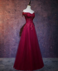 Burgundy Tulle Lace Off Shoulder Long Prom Dress, Burgundy Lace Evening Dress