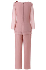 Pink Ruffles 3/4 Sleeves Mother of the Bride Pant Suits