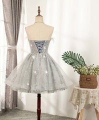 Gray Sweetheart Lace Tulle Short Prom Dress, Gray Cocktail Dress