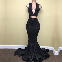 Sexy Mermaid Black V Neck Two Pieces Sequence Long Prom Dresses