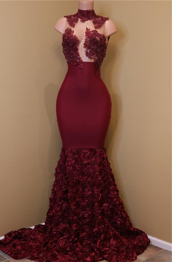 2024 New Arrival Mermaid Burgundy High Neck Rose Ruffles Sleeveless Long African American Prom Dress