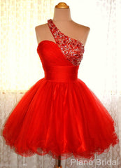 One Shoulder Red Sleeveless A Line Organza Pleated Rhinestone Homecoming Dresses