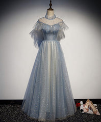 Light Blue Tulle Lace Long Prom Dress, Tulle Evening Dress