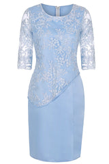 Light Blue Crew Neck Lace Half Sleeve Short Mother of the Bride Dress