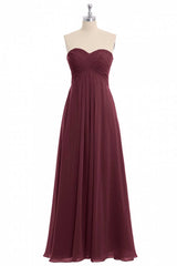 Burgundy Chiffon Strapless Sweetheart A-Line Long Bridesmaid Dress