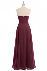 Burgundy Chiffon Strapless Sweetheart A-Line Long Bridesmaid Dress