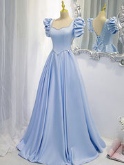 Blue Satin Backless Long Prom Dress, Blue Evening Dress