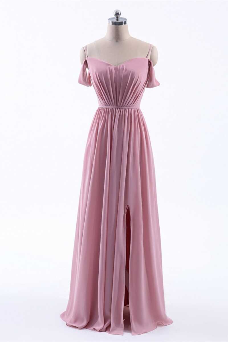 Dusty Pink Chiffon Cold-Shoulder A-Line Long Bridesmaid Dress