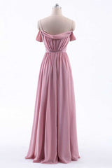 Dusty Pink Chiffon Cold-Shoulder A-Line Long Bridesmaid Dress