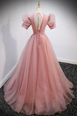 Pink V-Neck Tulle Long Prom Dresses, A-Line Short Sleeve Evening Dresses