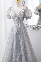 Gray Tulle Lace Long Party Dress, A-Line Evening Dress