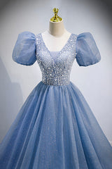 Blue V-Neck Tulle Beading Long Prom Dresses, Blue Short Sleeve Evening Dresses